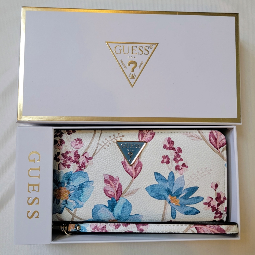 GUESS Floral Wristlet Wallet - White with Blue & Pink Flowers